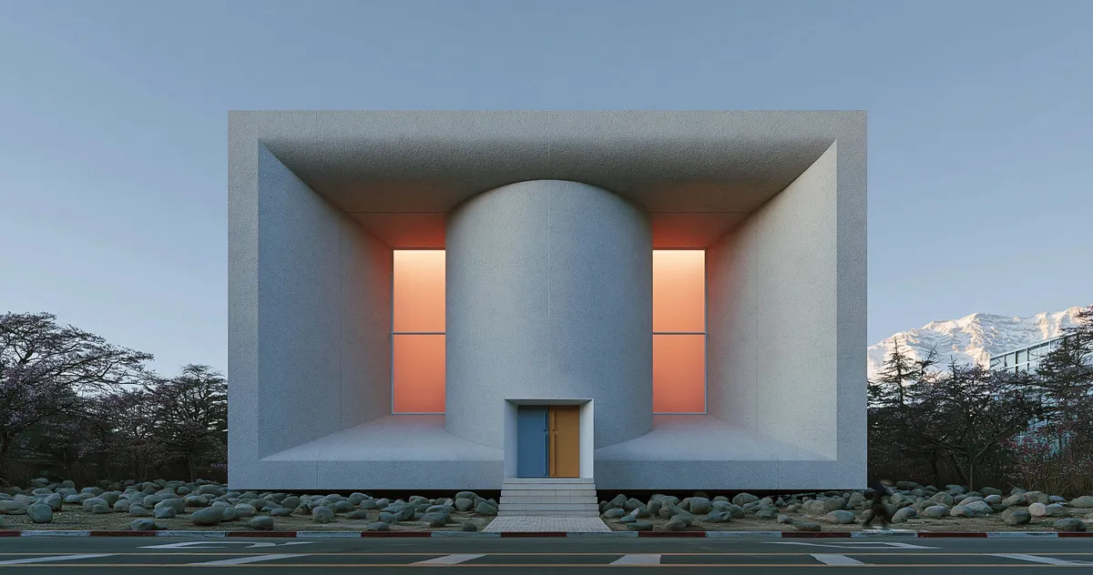 White framed building with a central cylinder and warm window panels