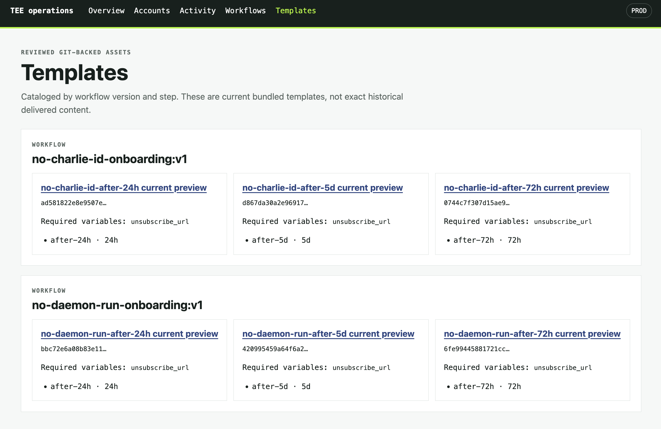 TEE operations templates page listing reviewed Git-backed onboarding email templates for 24-hour, five-day, and 72-hour follow-ups, including their required unsubscribe URL variable.