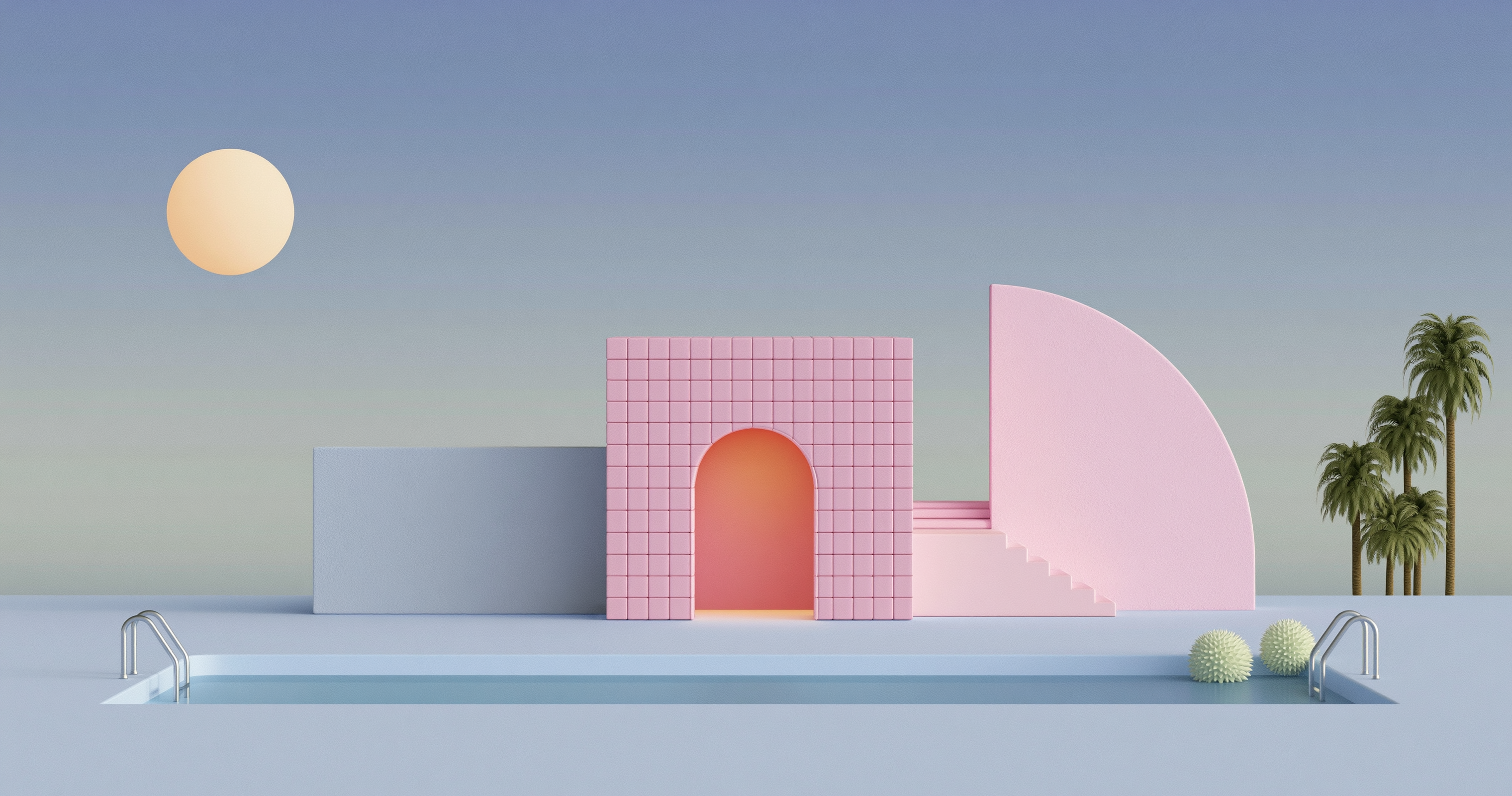 Pastel pink geometric poolside structures with a tiled arch, curved wall, palm trees, and a pale sun