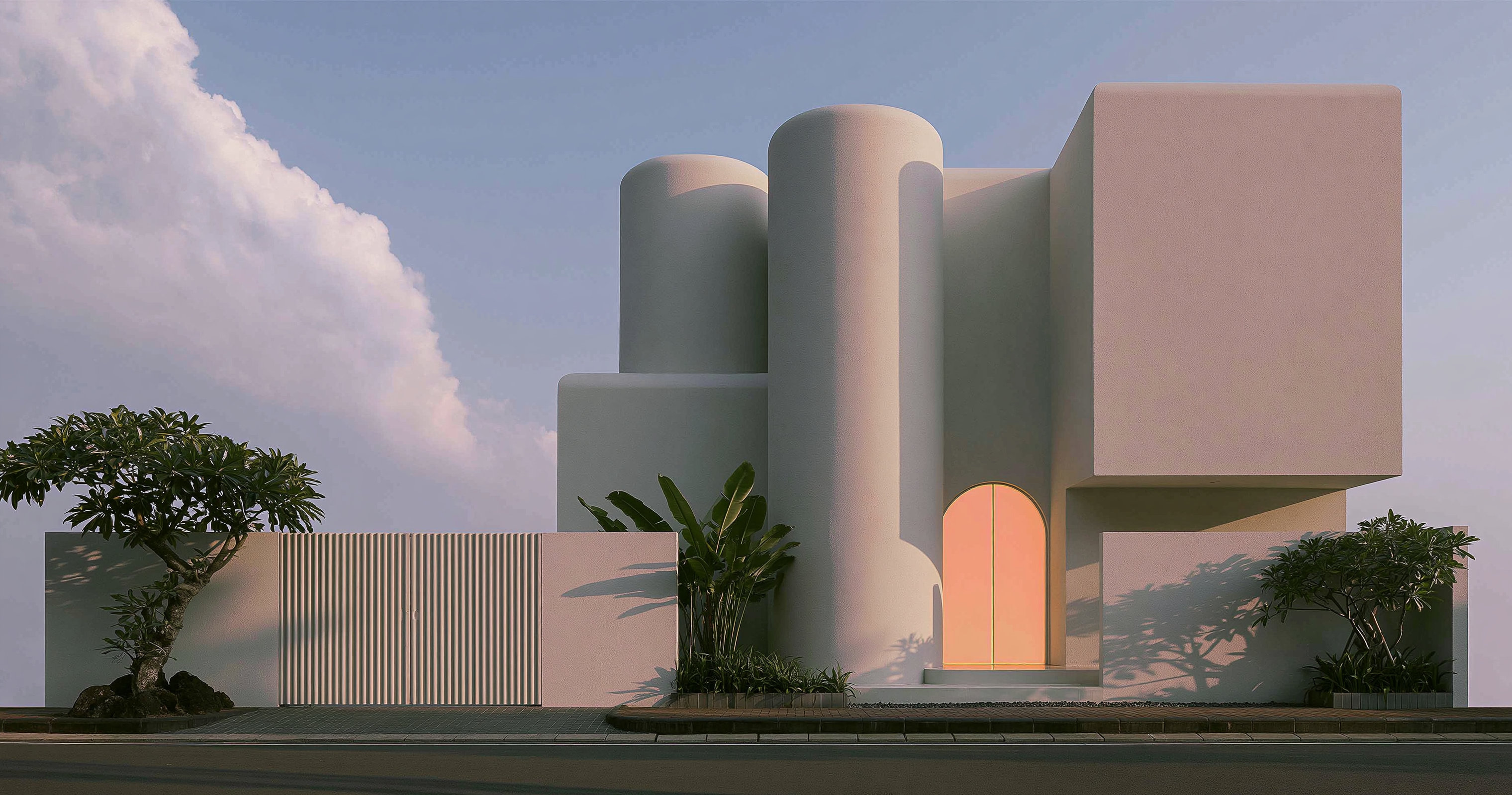 Pale geometric building with tall cream forms, a warm doorway, rounded clouds, and landscaped greenery