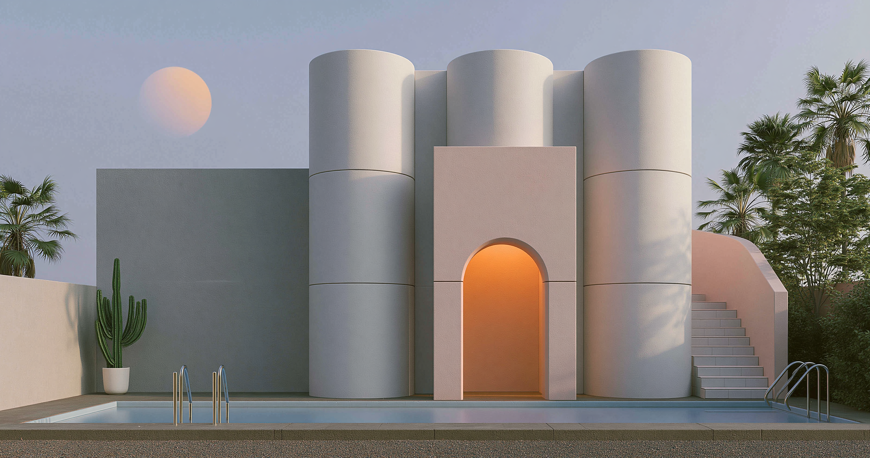 White cylindrical modular building with a warm arched doorway and pale moon