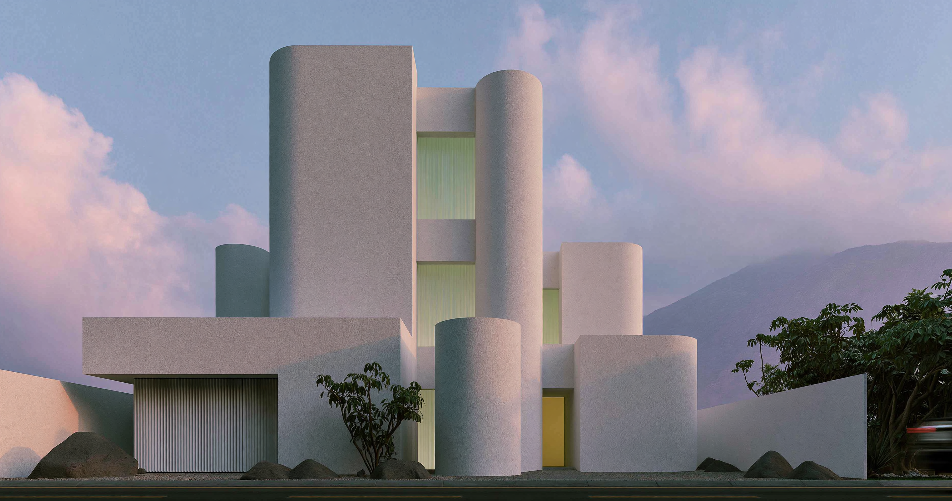 Muted geometric architectural forms with vertical towers against a cloudy sky