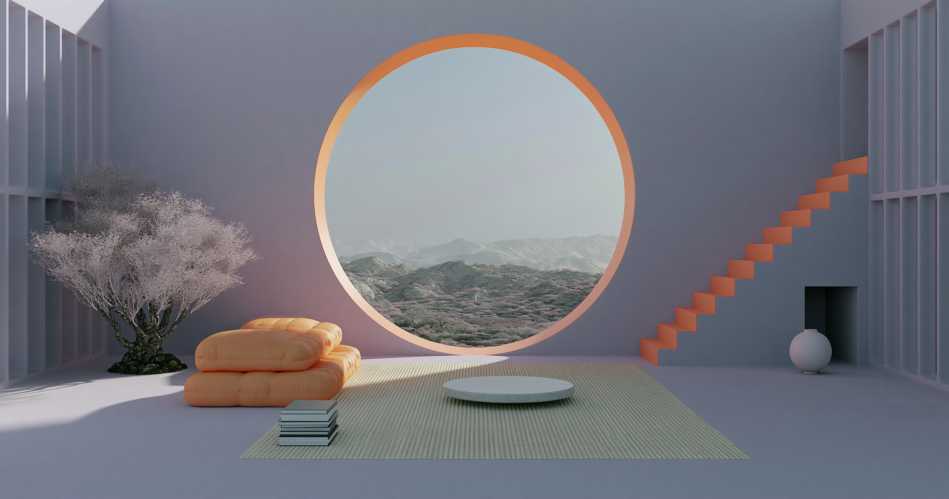 Minimal lounge with a circular window looking over a distant landscape