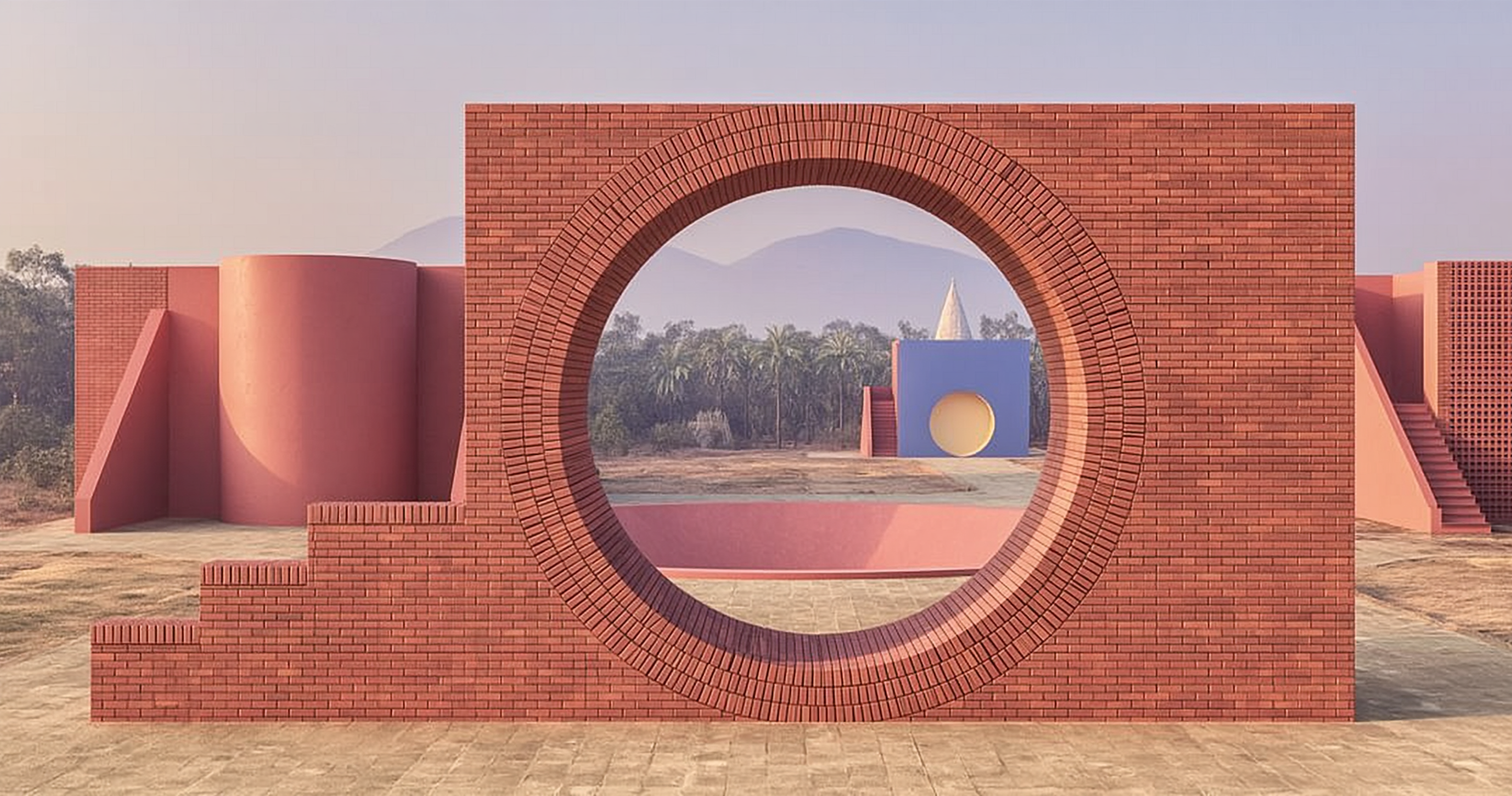 Coral brick architectural forms with a large circular opening framing blue geometric structures, trees, and distant mountains