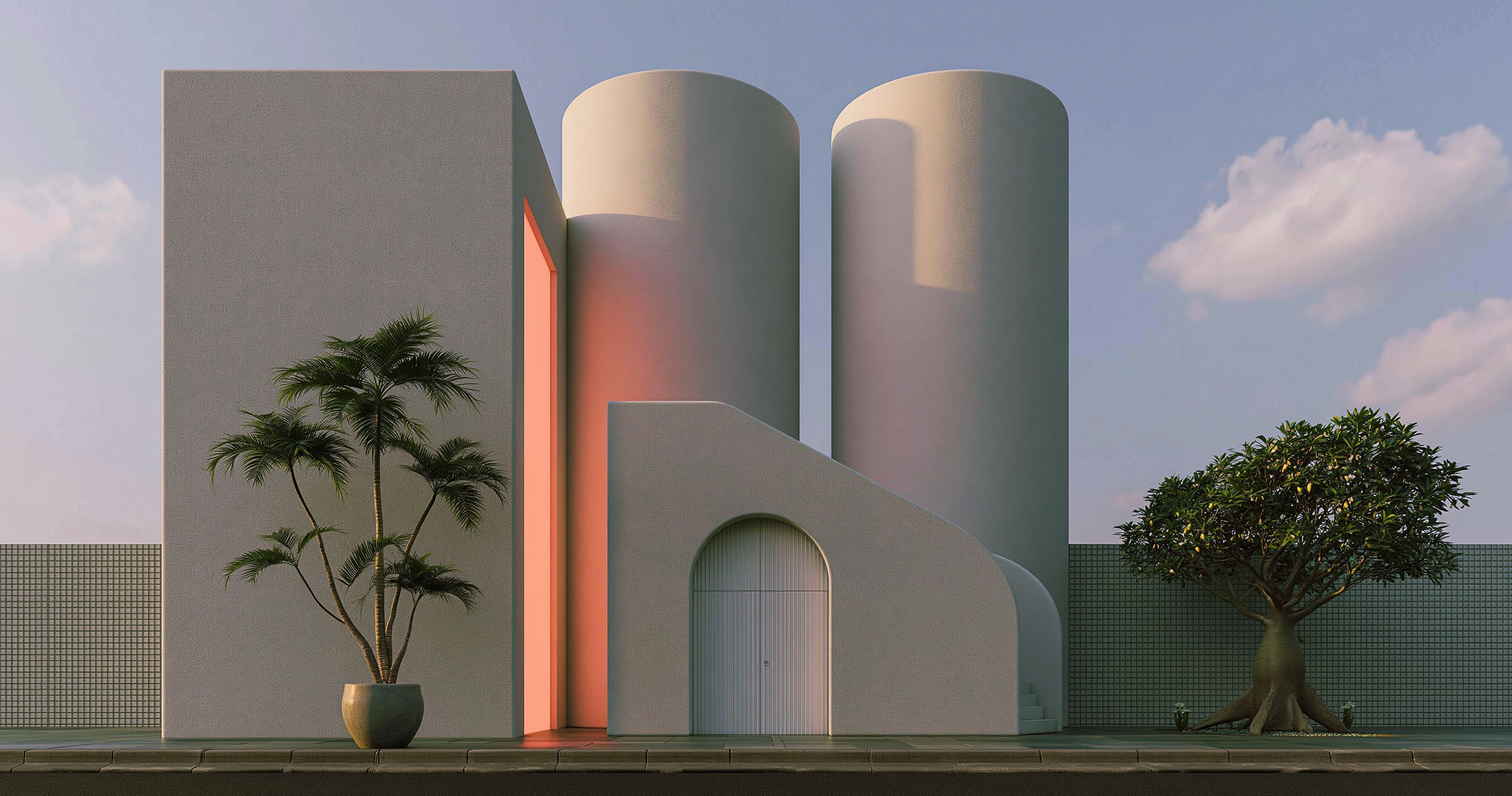 Geometric concrete building with rounded towers, a coral-lit entrance, palm trees, and a pale blue sky