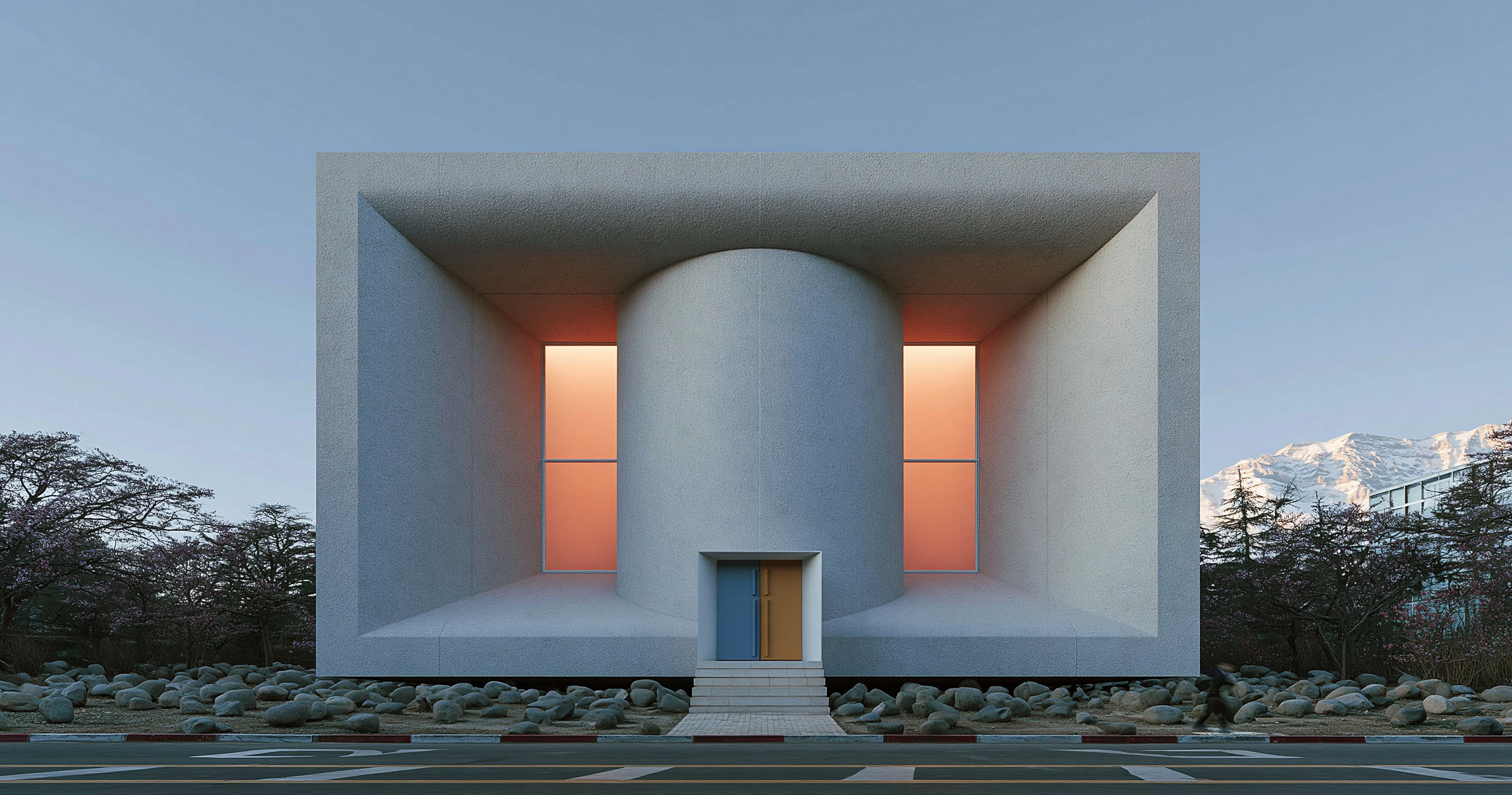 White framed building with a central cylinder and warm window panels