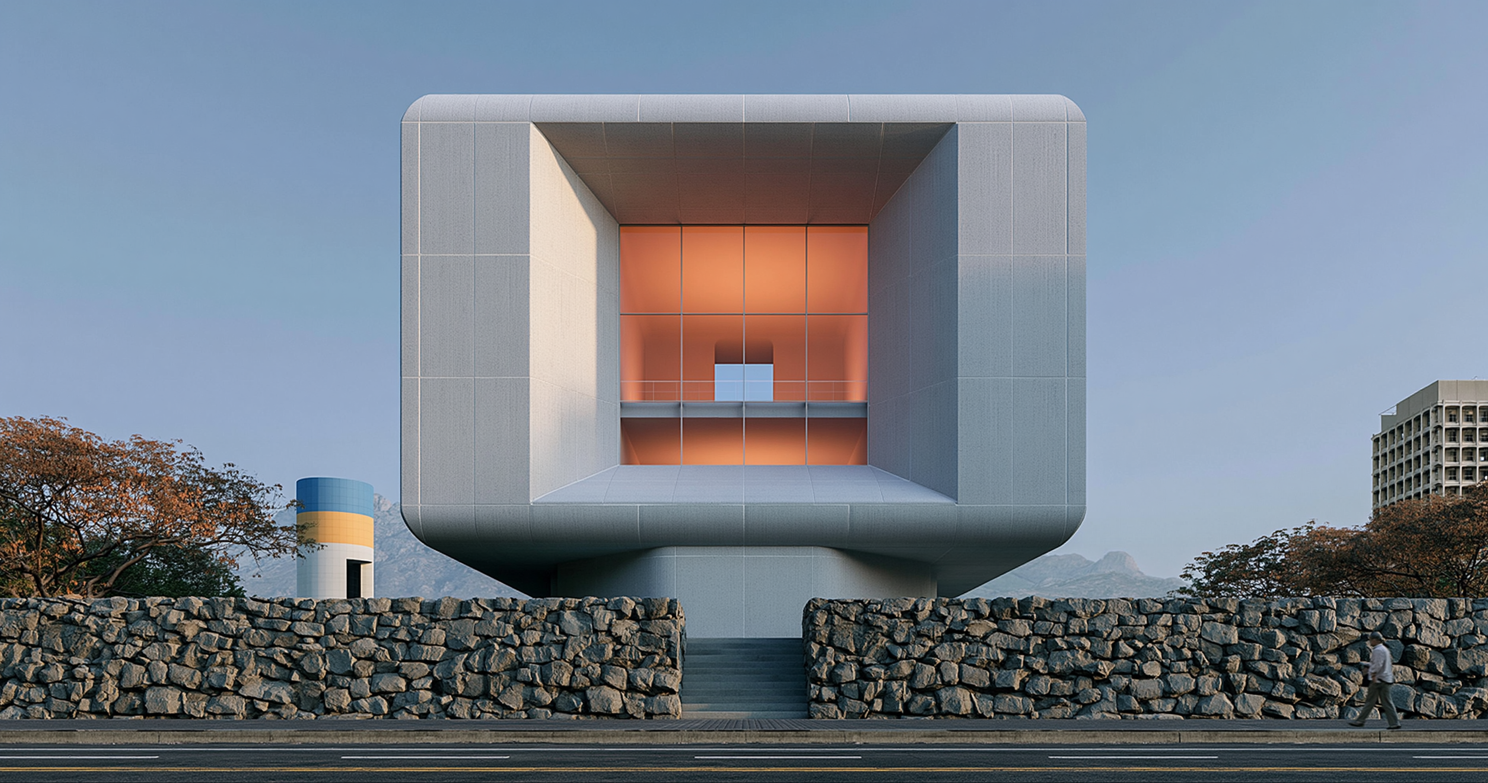 Floating white cube-like building with a warm orange interior window