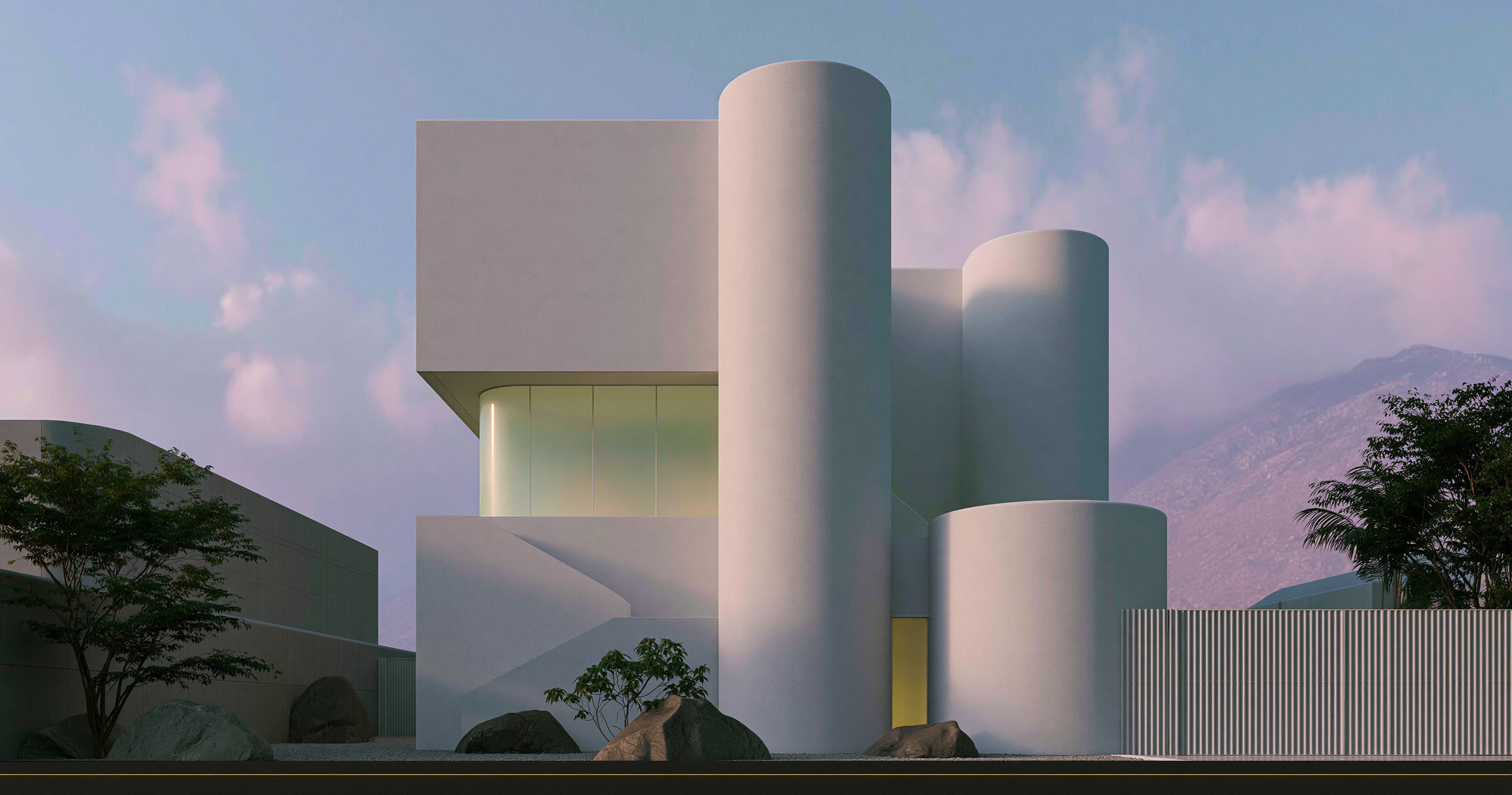 Pale geometric buildings framed by trees and mountains beneath a pastel blue and pink sky