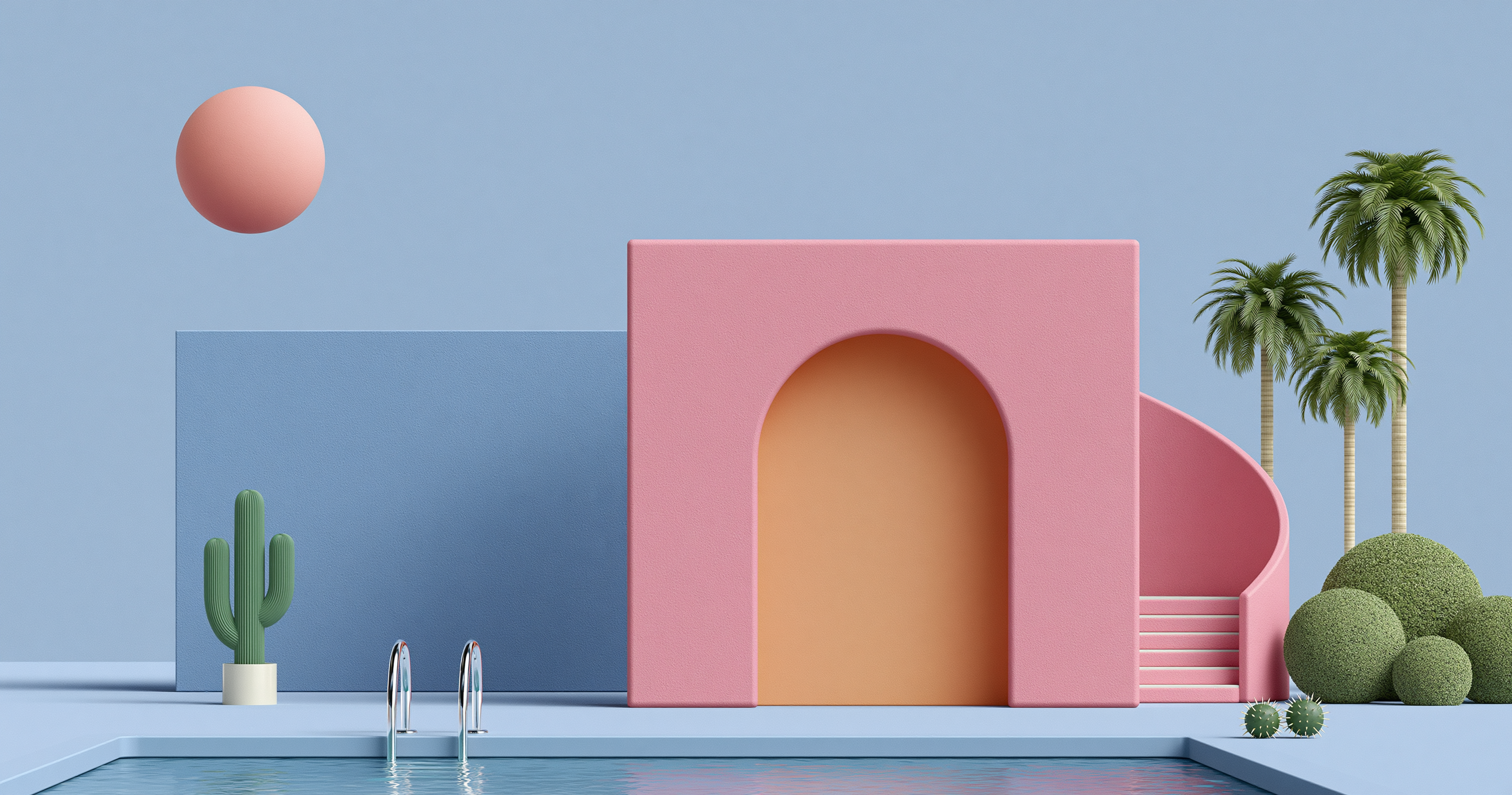 Pink geometric building with an arched doorway, cactus, and palm trees beside a pale blue pool