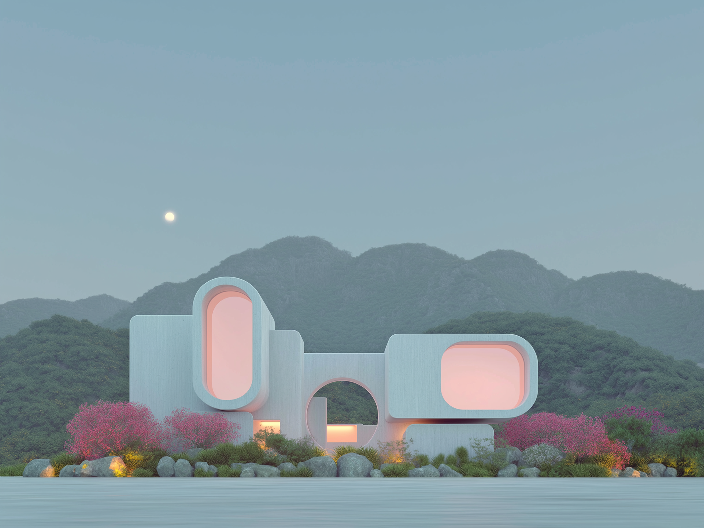 Modern white building with pink-lit windows in a mountainous landscape