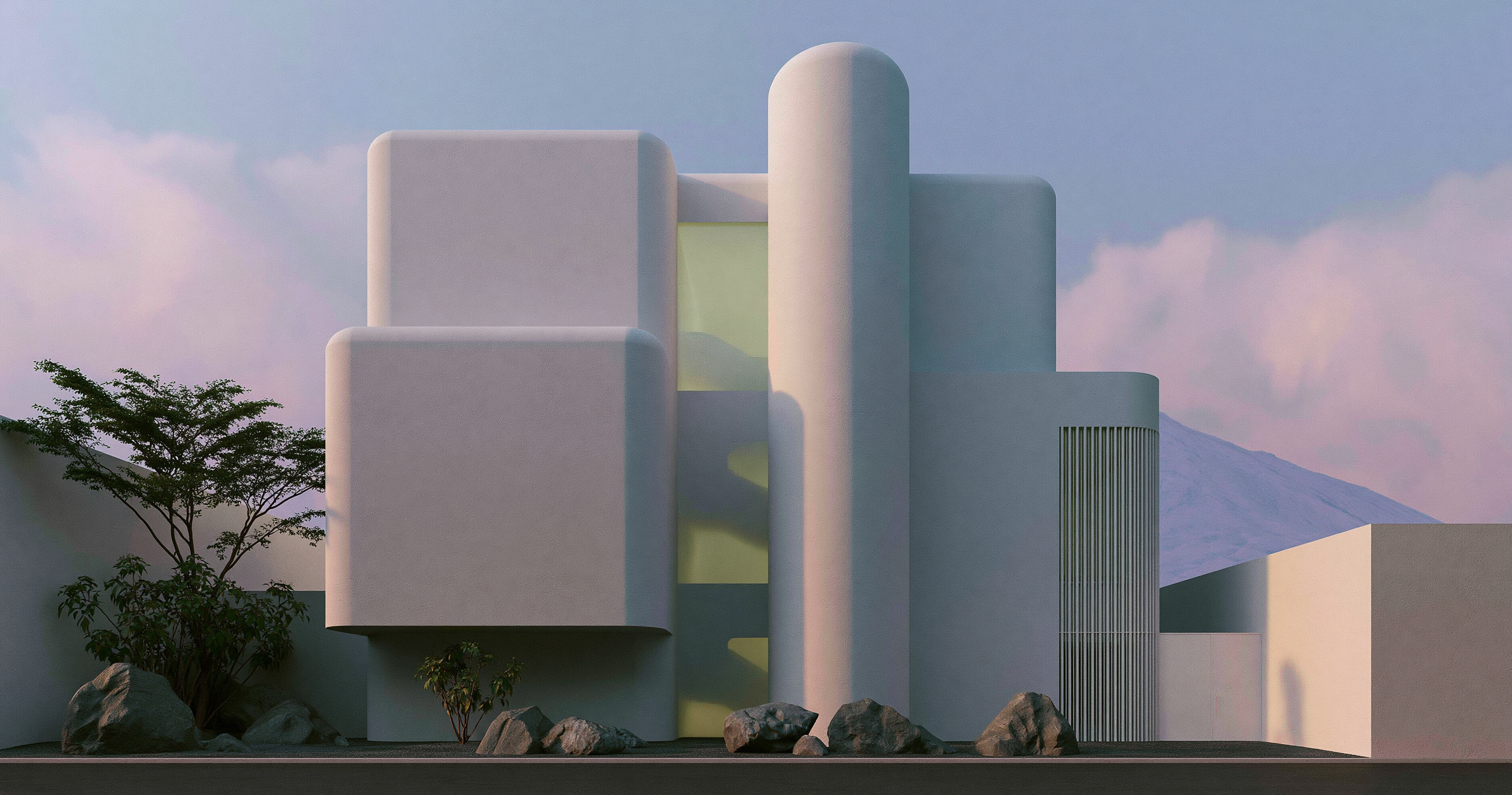 A layered white architectural complex with cylindrical towers, terraces, trees, and muted yellow-green openings beneath a blue and pink sky