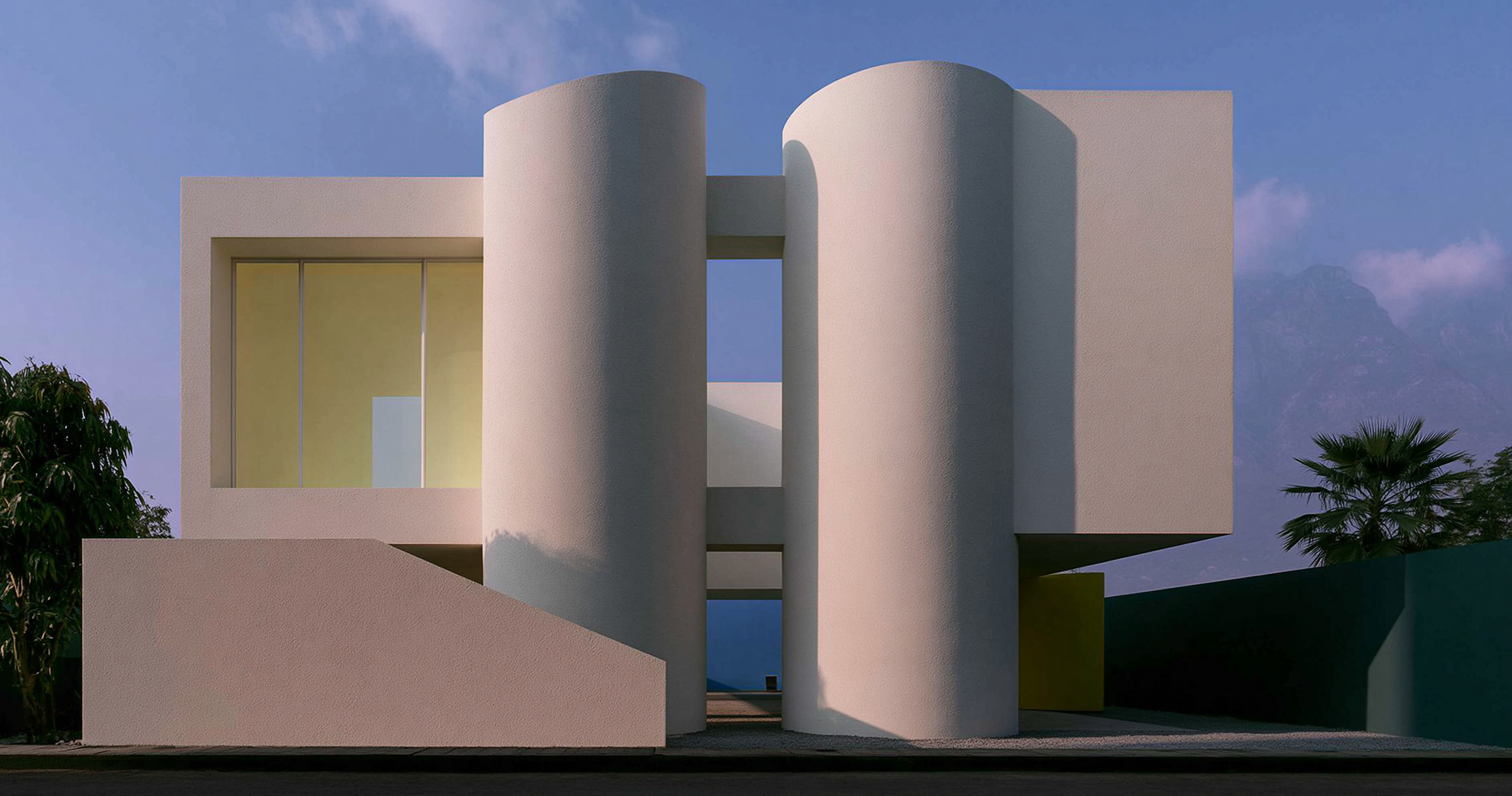 White geometric building with cylindrical towers, a pale yellow window, and mountains beneath a blue sky
