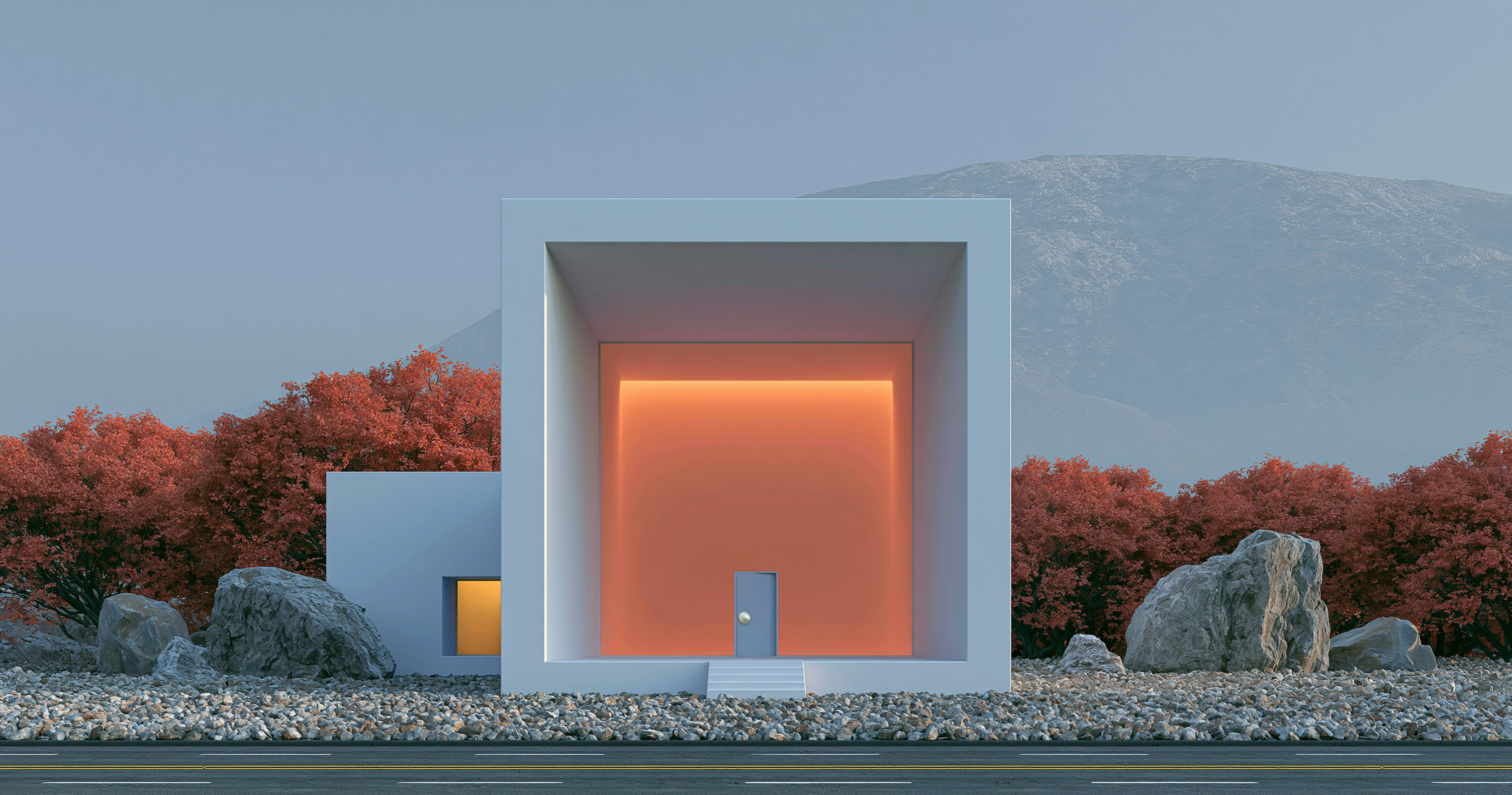 Minimal white building with a glowing orange inset among autumn trees