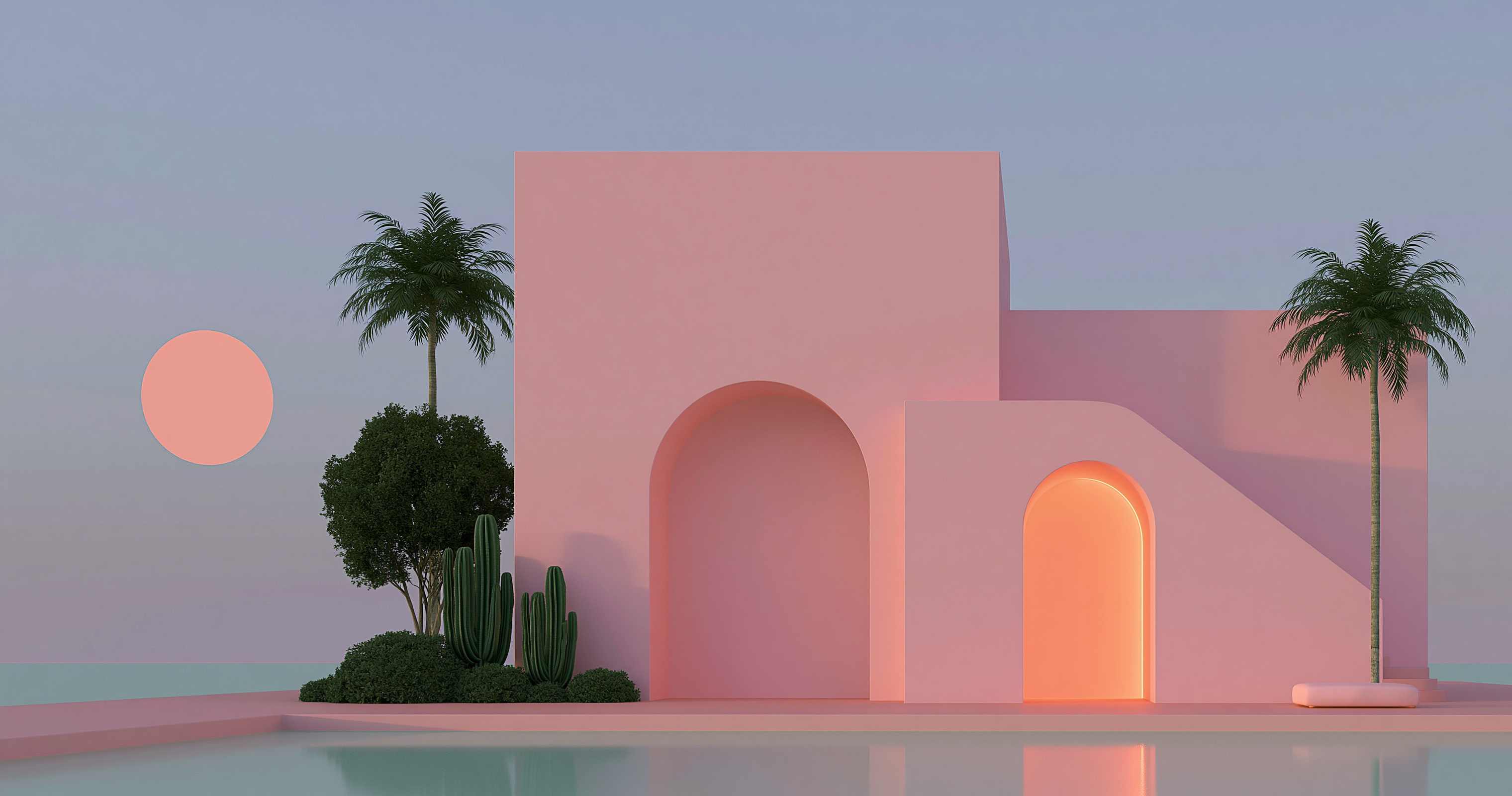 Abstract pink geometric building with a glowing orange arched doorway, palm trees, cacti, a peach sun, and a reflecting pool.