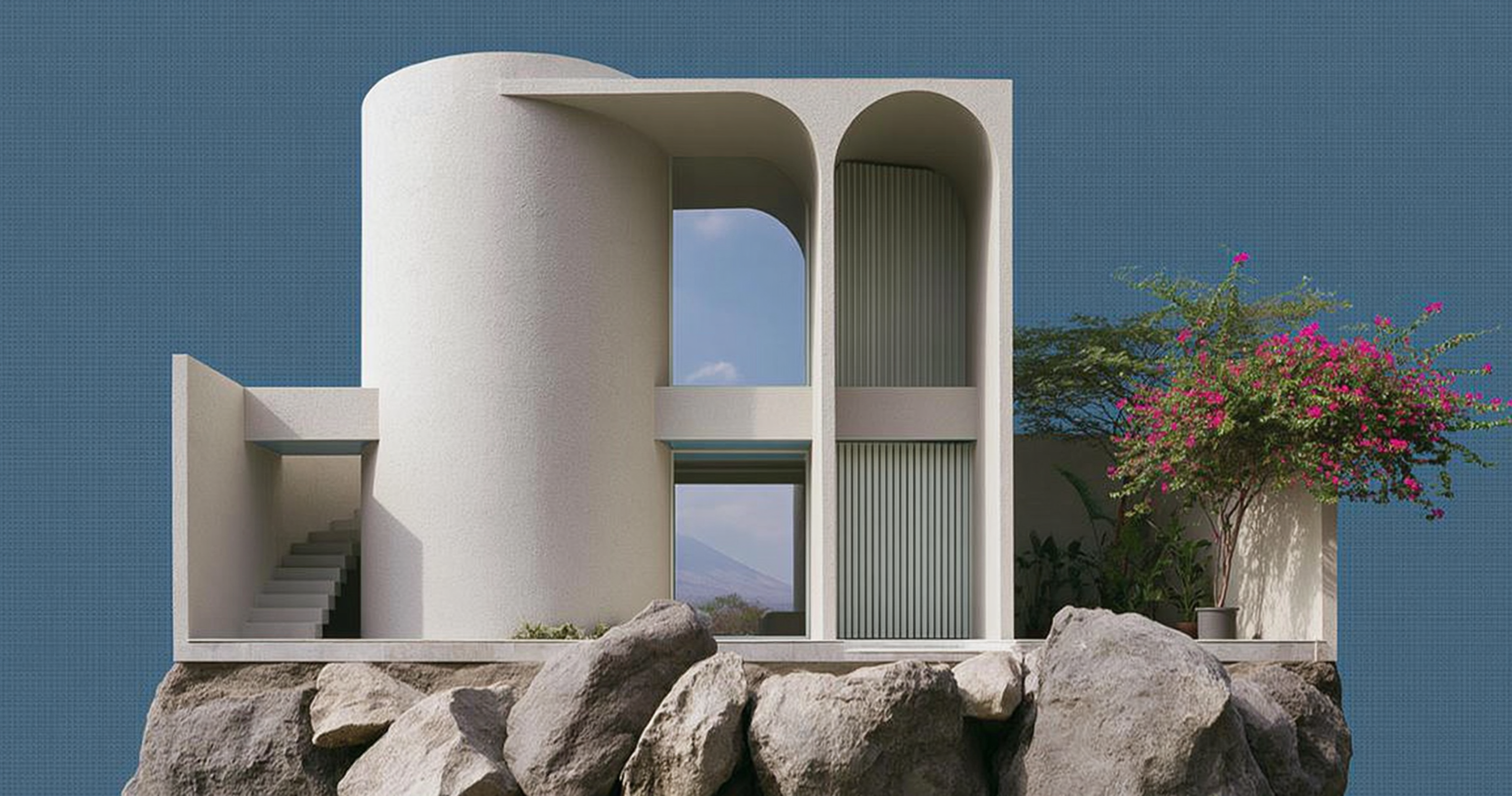 A frontal white geometric building set against a deep blue field with dark rocks and vivid pink flowering plants